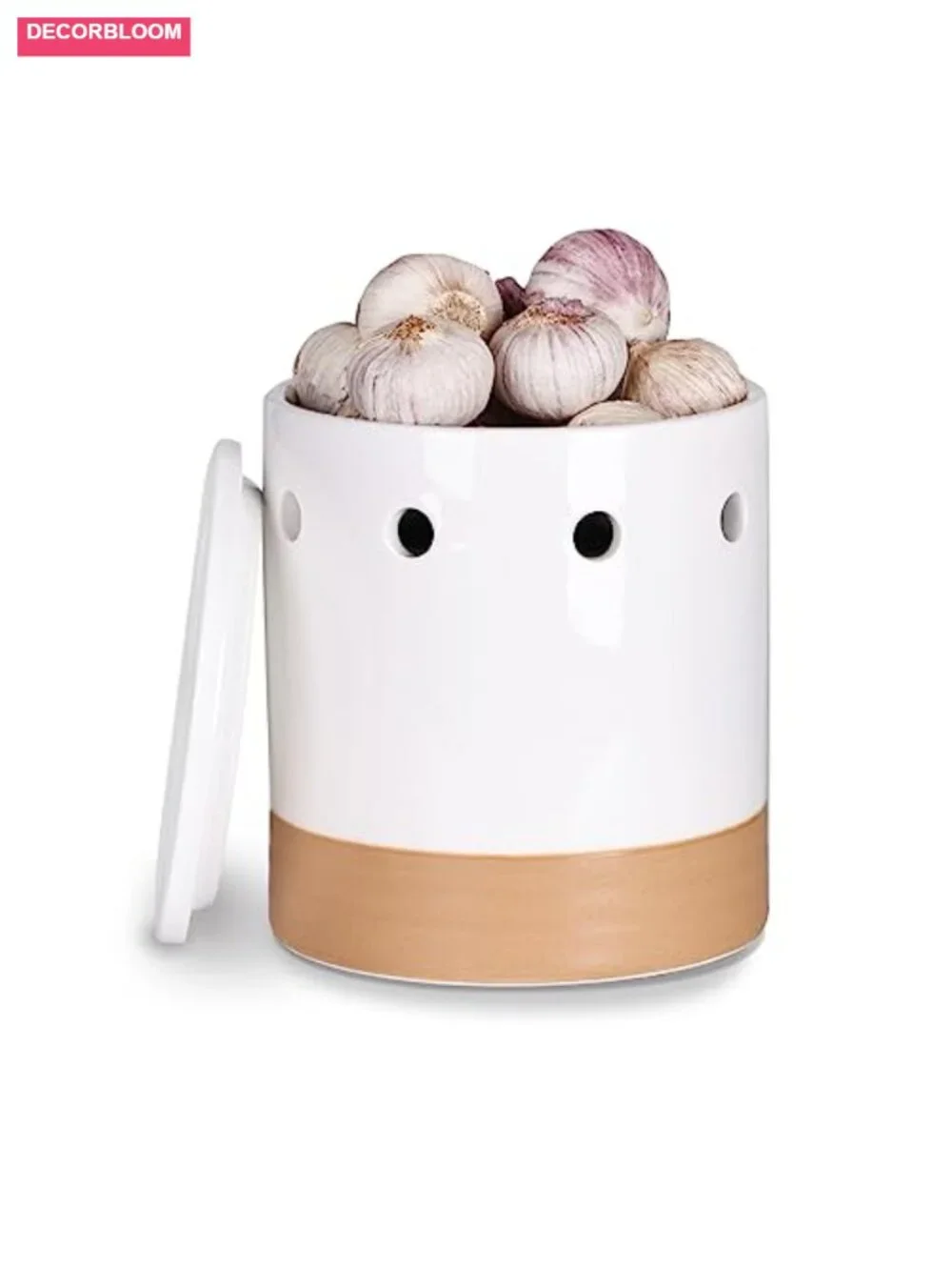 Ceramic Garlic Keeper with Lid, White Round Canister for Countertop Food Storage